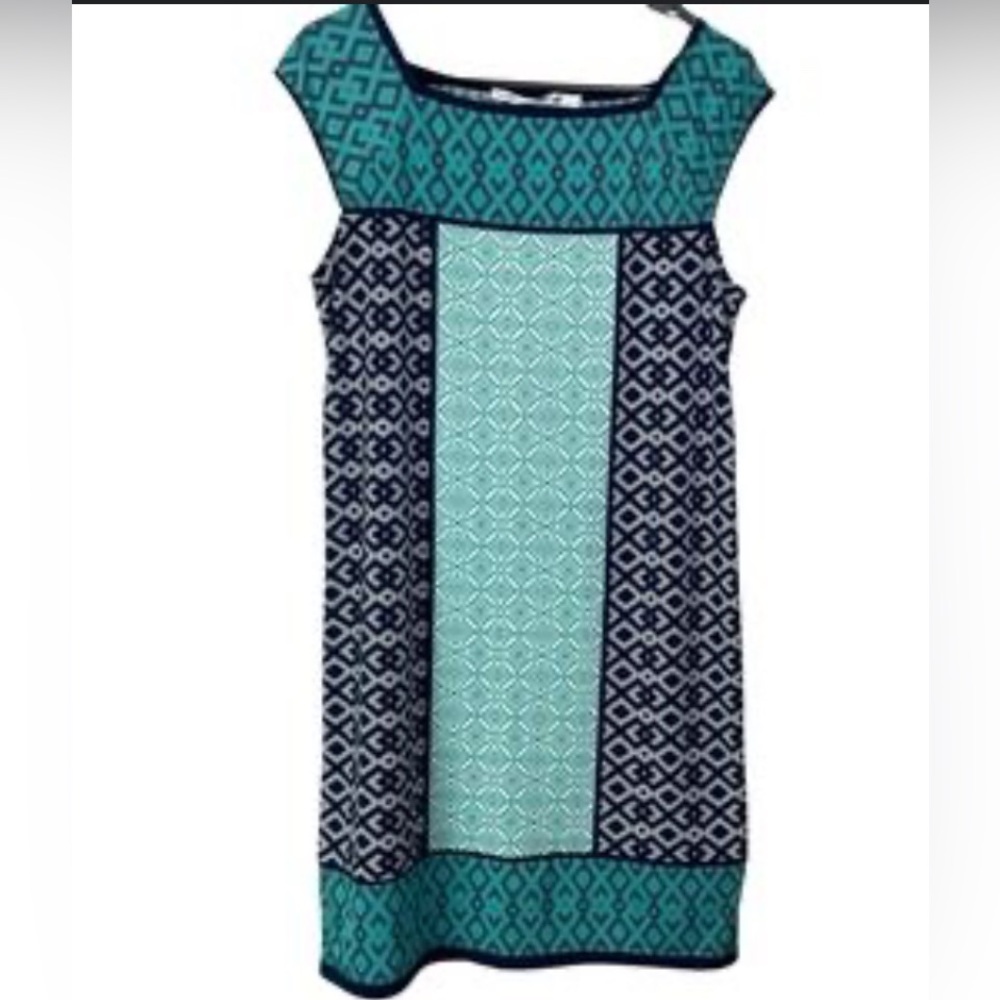 Max Studio Patterned Dress M Teal Navy Sleeveless Sheath Lightweight